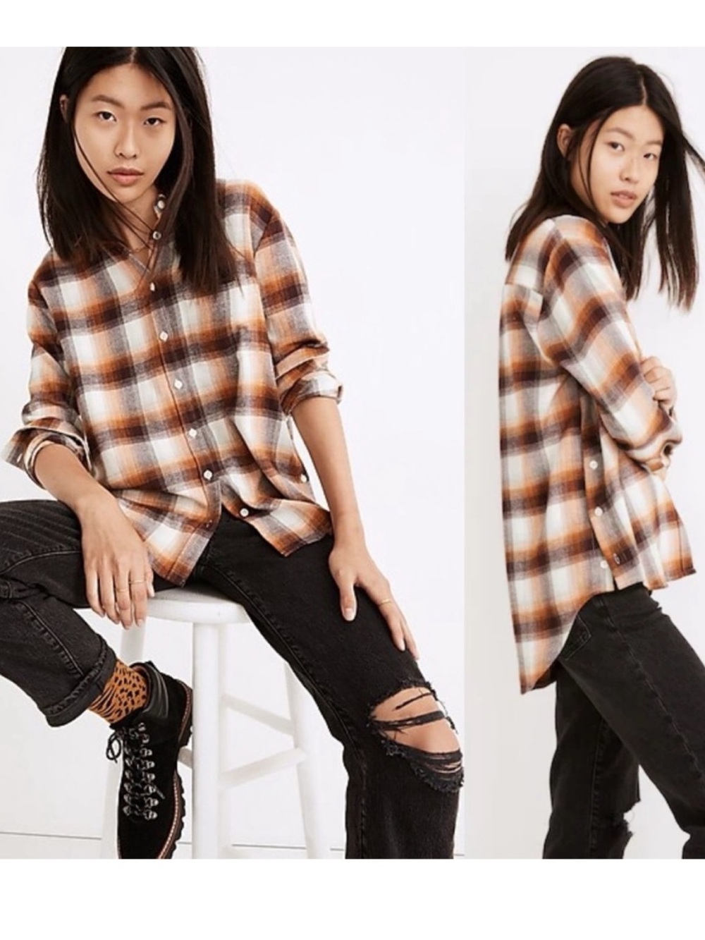 Madewell Brown Flannel Side-Button Oversized Ex-Boyfriend Shirt in Bickett Plaid